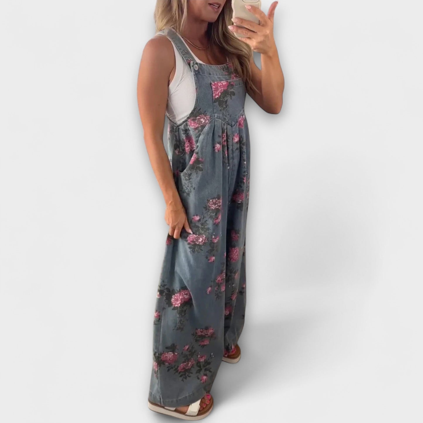 Bethany - Kwiatowy Wzór Szerokie Dżinsowe Szorty Ogrodniczki