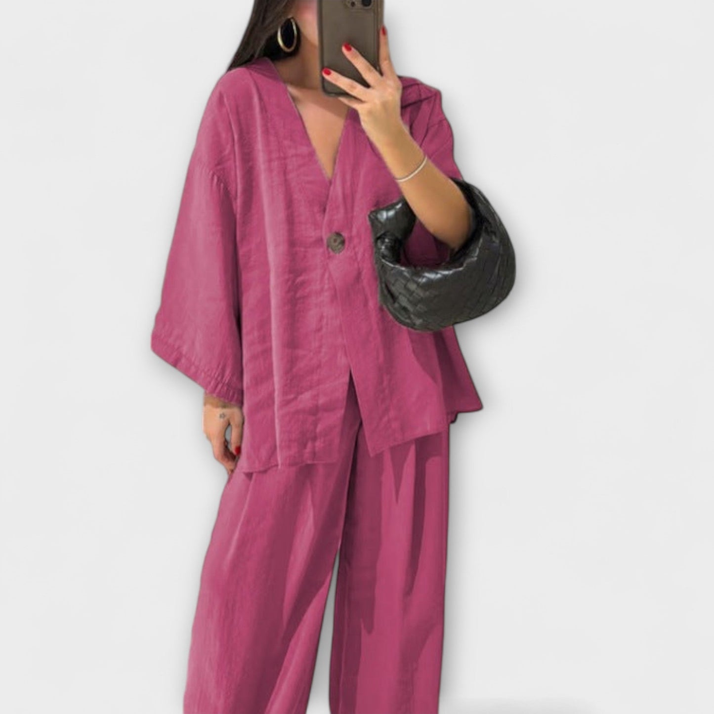 Aurora - Luźna bluzka z dekoltem w serek oraz spodnie