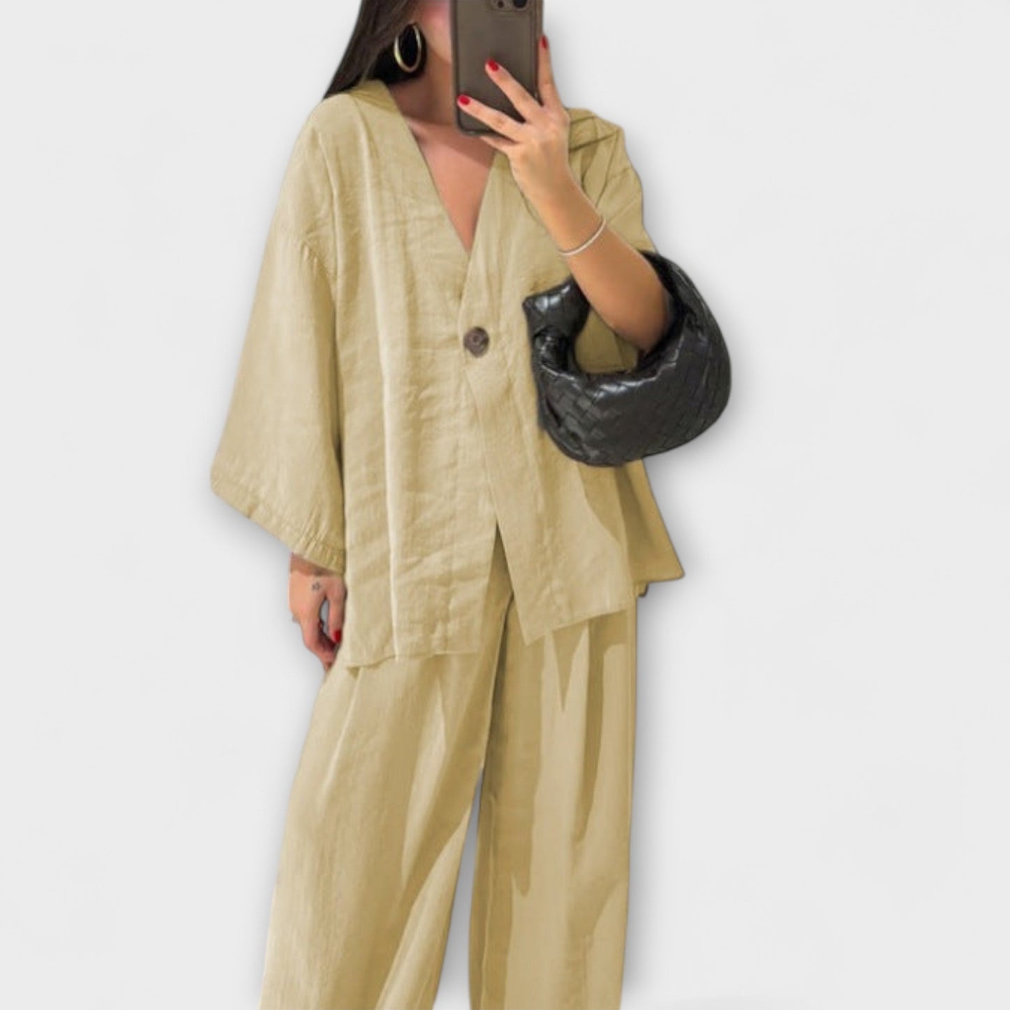 Aurora - Luźna bluzka z dekoltem w serek oraz spodnie