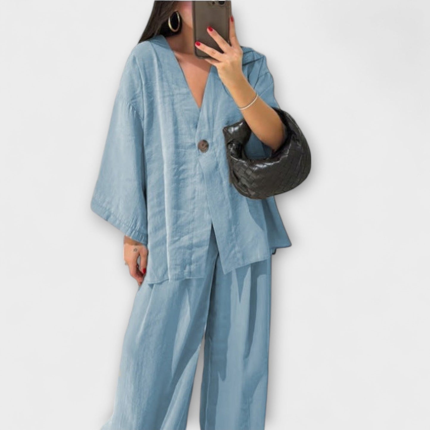 Aurora - Luźna bluzka z dekoltem w serek oraz spodnie