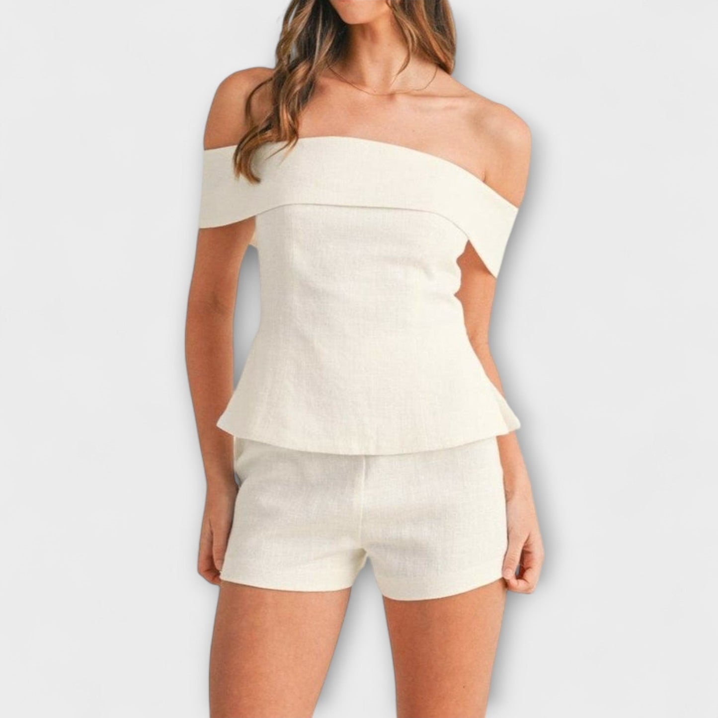 Olivia - Biały Dwuczęściowy Zestaw z Bawełny i Lnu