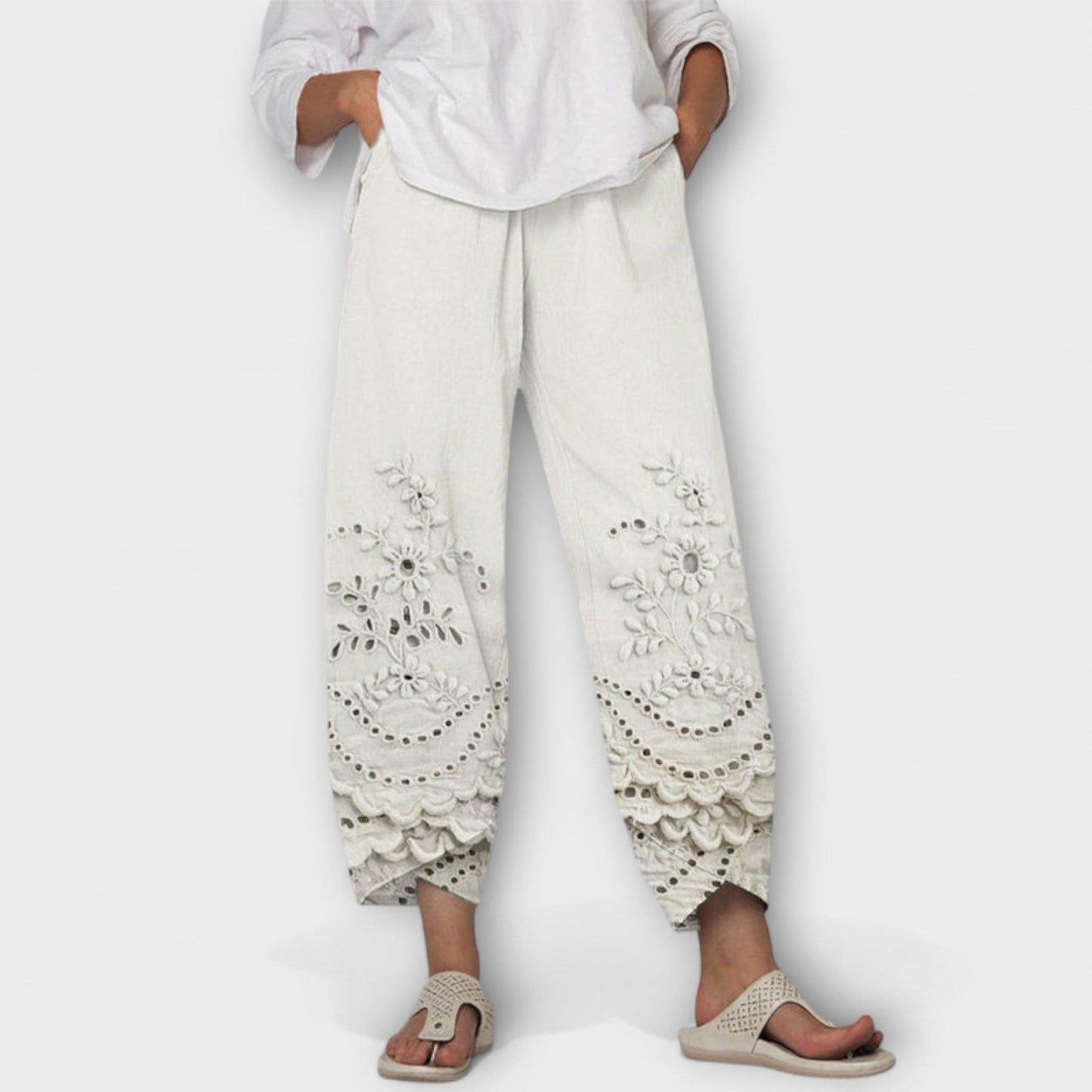 Chloe – Eleganckie Spodnie z Koronkowym Wzorem